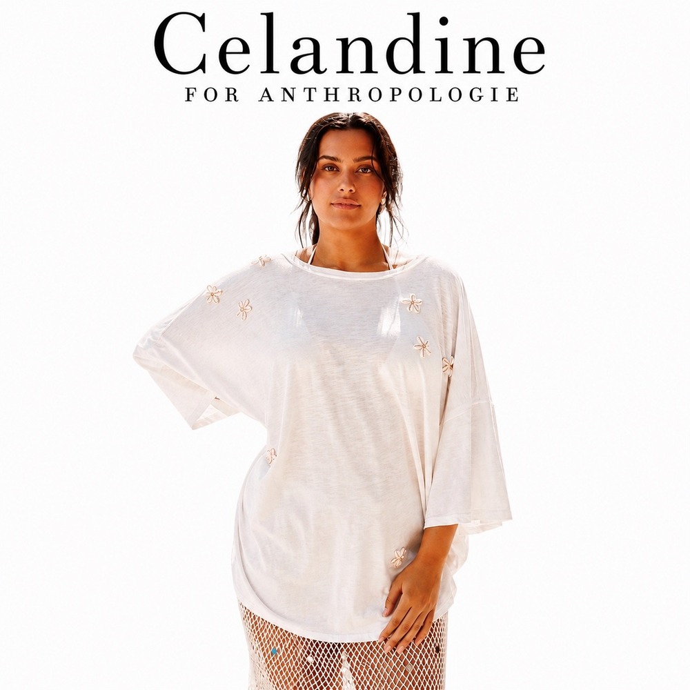 Celandine White Cowrie Shell Embellished Oversized Cotton‎ Tee Swim Coverup M